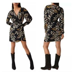 BA&SH Cassie Leaf Print Faux Wrap, Mini Dress, Black Multicolor, Sz L